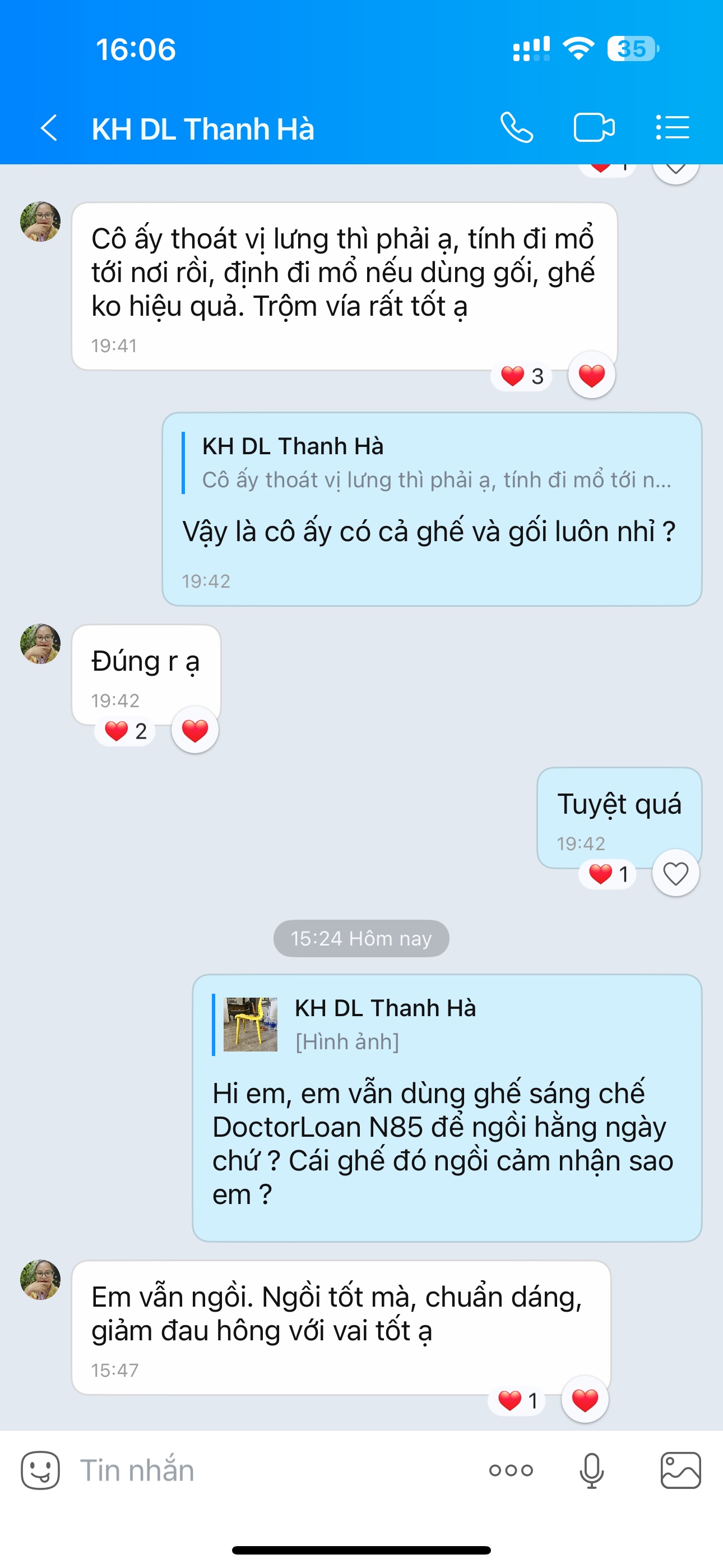 Cảm nhận của khách hàng sau khi sử dụng ghế Doctorloan